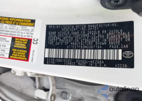 2021 Toyota Avalon Xse Nightshade из США, поврежденный, VIN 4T1EZ1FB3MU067194